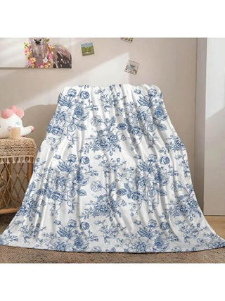 1 بطانية صوفية بزهور زرقاء - بطانية ناعمة ودافئة للجميع المواسم، مناسبة للأريكة والسرير والتخييم، بطراز رجعي، قابلة للغسل بالغسالة، بطانية للتخييم | ملحق فراش مريح | بطانية هدية 200x150 سم