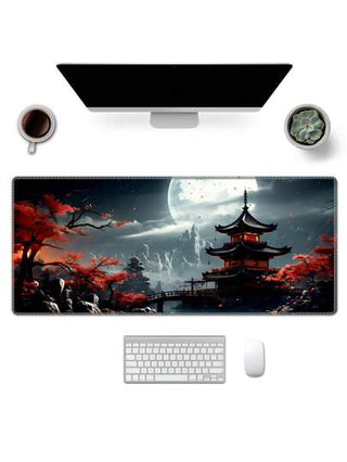 سجادة طاولة اليابانية ذات تصميم هلال القمر كاملة، سجادة طاولة سوداء وحمراء لفأر الماوس وسجادة ممتدة للوحة المفاتيح، سجادة ماوس ولوحة المفاتيح للكمبيوتر المحمول مناسبة لديكور المكتب