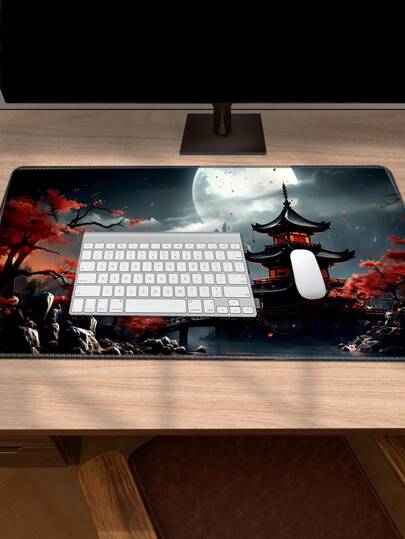 سجادة طاولة اليابانية ذات تصميم هلال القمر كاملة، سجادة طاولة سوداء وحمراء لفأر الماوس وسجادة ممتدة للوحة المفاتيح، سجادة ماوس ولوحة المفاتيح للكمبيوتر المحمول مناسبة لديكور المكتب