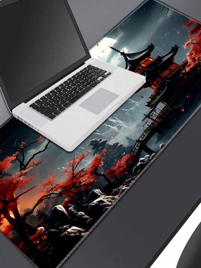 سجادة طاولة اليابانية ذات تصميم هلال القمر كاملة، سجادة طاولة سوداء وحمراء لفأر الماوس وسجادة ممتدة للوحة المفاتيح، سجادة ماوس ولوحة المفاتيح للكمبيوتر المحمول مناسبة لديكور المكتب