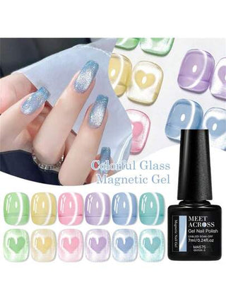 طلاء أظافر جل شفاف شبه دائم لمدة طويلة 7 مل، تأثير إضاءة المياه باللون الزجاجي الملون، تأثير مغناطيسي قابل للنقع، لوازم العناية بالأظافر والمناكير لفصلي الربيع والصيف
