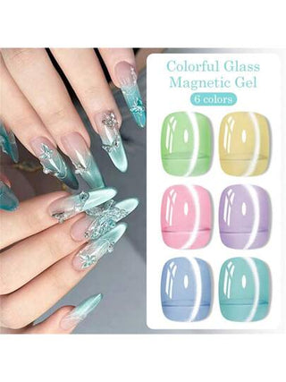 طلاء أظافر جل شفاف شبه دائم لمدة طويلة 7 مل، تأثير إضاءة المياه باللون الزجاجي الملون، تأثير مغناطيسي قابل للنقع، لوازم العناية بالأظافر والمناكير لفصلي الربيع والصيف