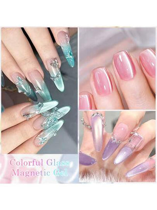 طلاء أظافر جل شفاف شبه دائم لمدة طويلة 7 مل، تأثير إضاءة المياه باللون الزجاجي الملون، تأثير مغناطيسي قابل للنقع، لوازم العناية بالأظافر والمناكير لفصلي الربيع والصيف