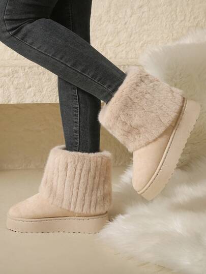زوج واحد من البوت الثلجي الناعم ذو اللون الأحادي للنساء، نعل ثاك بي في سي، تريم فرو، مريح ودافئ، خريف/شتاء، بيج