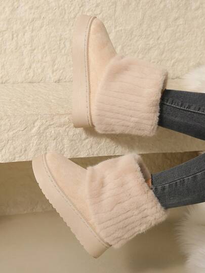 زوج واحد من البوت الثلجي الناعم ذو اللون الأحادي للنساء، نعل ثاك بي في سي، تريم فرو، مريح ودافئ، خريف/شتاء، بيج