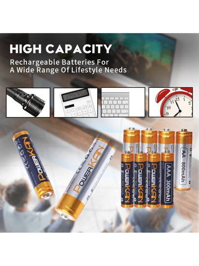 powerKAN شاحن بطارية AA AAA، 4 بطاريات قابلة لإعادة الشحن، شاحن بطارية LED مزود ب- 4 فتحات لبطاريات AA 800 مللي أمبير ساعة + AAA 300 مللي أمبير ساعة قابلة للشحن، مجموعة بطارية قابلة للشحن وشاحن بطارية