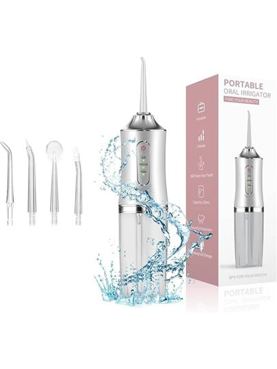 ماكينة تنظيف الأسنان بالماء ذات 3 وضعيات، أداة تنظيف الأسنان اللاسلكية بدون سلك مع 4 رؤوس، مقاوم للماء بدرجة IPX7، قابل للشحن والحمل، بطارية قوية للسفر والمنزل والسيارة وللجبائر والجسور