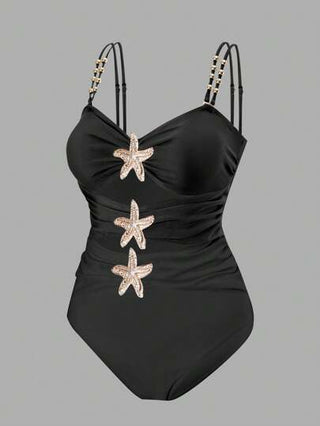 SHEIN Swim Curve قطعة واحدة من ملابس السباحة المرأة المقاس الكبير المزينة بمعدن ذات التصميم البسيط، ملابس لعطلة الصيف والشاطئ