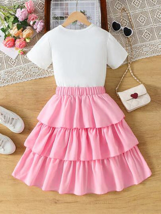 girls-sets طقم للبنات بتصميم عذب ألماسي الفيونكة تي شيرت + تنورة توتو، قماش تي شيرت ناعم ومريح، مزين بديكور فيونكة لامعة، مقترن مع تنورة فيونكة وردية مرصعة بفراشات مع كشكشة في الخصر وهامش، فستان صيفي قصير