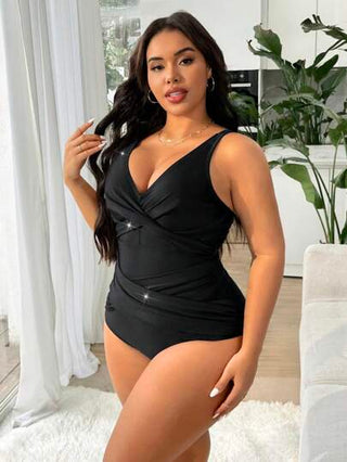 Swim Lushoire بدلة سباحة قطعة واحدة باللون الأسود داكنة ذات طابع مخفف وجذاب لصف الجسم، من قياسات زائدة للنساء