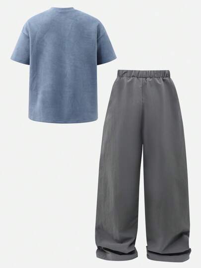 مايوه حريمي قطعة واحدة مجموعة سراويل ذات لون قُطني و ملابس علوية قصيرة الأكمام مطبوعة بحرف للأولاد 2 قطعة