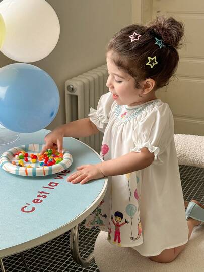 فساتين بيبي فستان قصير كاجوال صيفي للبنت الصغيرة مطبوع بطبعات زهور جميلة وقصير الأكمام