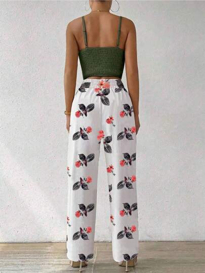 INAWLY طقم بدلة رياضية 2 قطعة بحمالات رفيعة وبنطلون لون سادة المقاسات الكبيرة (بلس سايز)