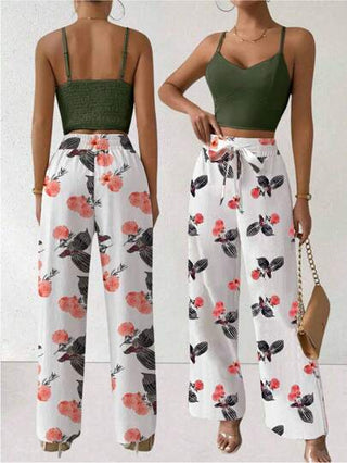 INAWLY طقم بدلة رياضية 2 قطعة بحمالات رفيعة وبنطلون لون سادة المقاسات الكبيرة (بلس سايز)