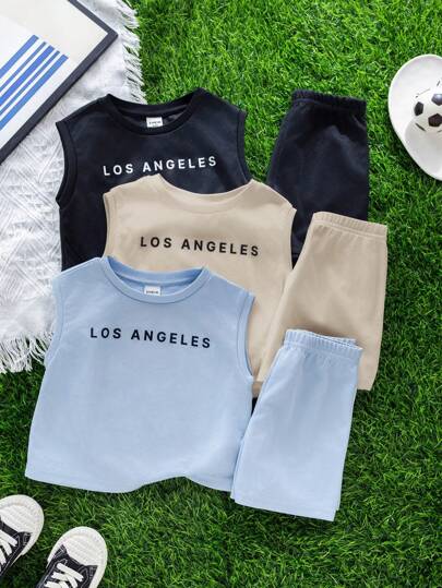 6 قطع/مجموعة ملابس صيفية أساسية للأطفال البنين والبنات شورت وسترة علوية بنمط رياضي مكتوب عليها شعارات كيوت