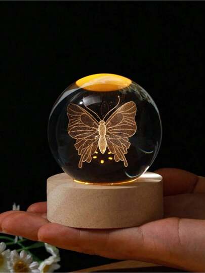 SHEIN قطعة واحدة من الكرة البلورية ذات القاعدة الخشبية باللون الخاكي مع إضاءة LED، ديكور إبداعي كإنارة ليلية هدية عيد ميلاد مناسبة للصديق، الصديقة، الأصدقاء المقربين، الزملاء، الخريجين