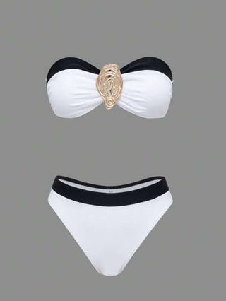 Swim Vcay طقم بكيني بانديو ثلاثي القطع بألوان متباينة مع إكسسوارات معدنية، يشمل تنورة ذات شق ماكسي جذاب، أنيق وجذاب للكبار في حفلات الشاطئ والمنتجعات