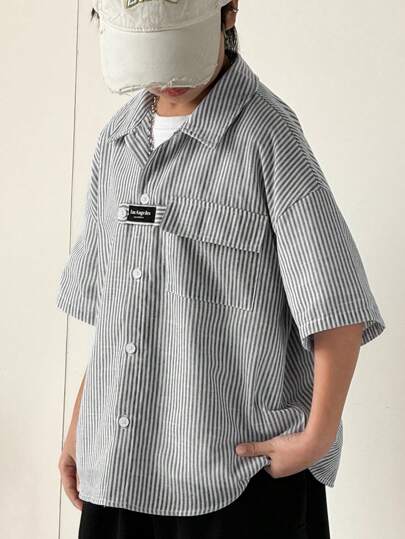 قميص كاجوال مقلم كبير الحجم للأولاد بياقة مرتدة للأسفل وأكمام قصيرة، مناسب لملابس الأطفال/الأطفال الصغار ، عودة إلى المدرسة، الحفلات، العروض، الحفلات، المعمودية، حفلات الافتتاح، الارتداء اليومي، المدرسة، السفر، الرياضة، مواسم الربيع والصيف