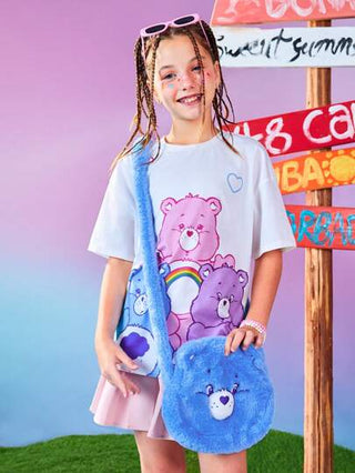 ملابس بناتي X Care Bears تي شيرت كاجوال قصير الأكمام أبيض مطبوع بنمط الدببة الملون وجذاب للبنات صغيرات السن