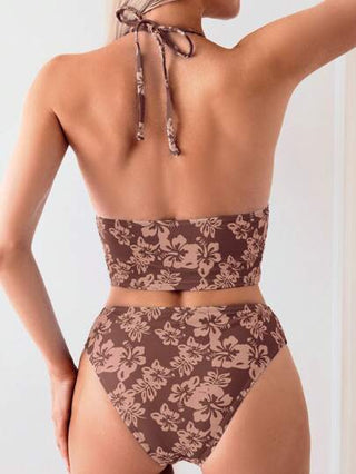 طقم تانكيني حريمي Swim مجموعة بكيني نسائي من قطعتين طقم بلوزة وبنطلون رياضي بطبعة زهور على الياقة الحلقية، بطبعة عشوائية