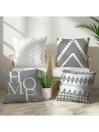 4 أغطية وسائد منزلية مطبوعة بتصميم هندسي بسيط رمادي وأبيض، من قماش ناعم أحادي الطباعة، مقاس 45*45 سم/18*18 بوصة، مناسبة لأريكة حديثة، ديكور غرفة المعيشة، هدايا، ديكورات للحفلات