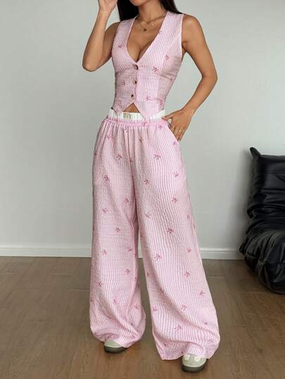 StreetHx مجموعة ملابس علوية صدرية مخططة بأزرار صف واحد وبنطلون كاجوال للنساء بتصميم مطبوع عليه فراشات زهرية وخطوط