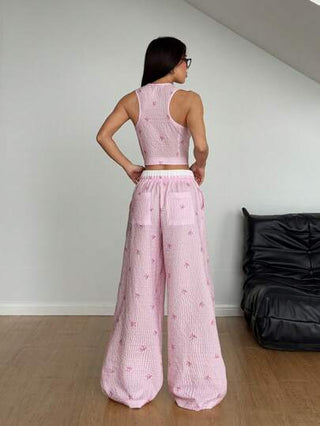 StreetHx مجموعة ملابس علوية صدرية مخططة بأزرار صف واحد وبنطلون كاجوال للنساء بتصميم مطبوع عليه فراشات زهرية وخطوط