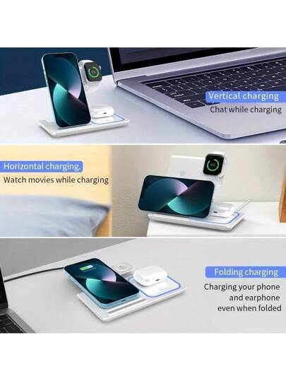 AmSengo شاحن السلكي سريع بقوة 15 واط 3 في 1 قابل للطي محطة شحن متوافقة مع الجهاز 16 15 14 13 12 11 9 8 7 6 5 Pro ، متوافقة مع ، والآيربودز ، مناسبة للمكتب والإقامة الجامعية والمنزل
