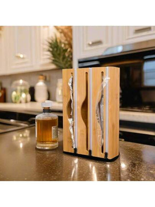 1 قطعة موزع بامبو مقاس 33.5*22*7.4سم ، صندوق تخزين رقائق الألومنيوم والنايلون ذو 3 أقسام مع قاطع ، شكل مستطيل طبيعي لقص رقائق البلاستيك والألومنيوم، مناسب للمطبخ