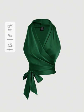 MOD ملابس علوية خضراء كلاسيكية بدون أكمام، مع ربطة في الخلف وتصميم متقاطع