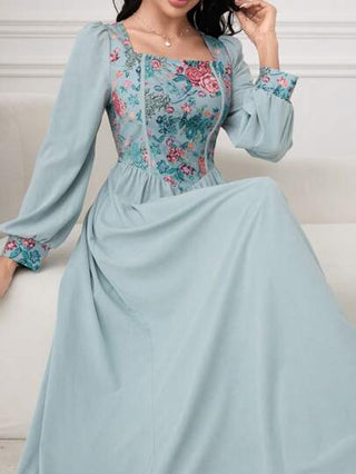 Mulvari العيد فستان أنيق طويل الأكمام بطبعات زهرية وياقة مربعة بأسلوب عربي للسيدات