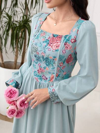 Mulvari العيد فستان أنيق طويل الأكمام بطبعات زهرية وياقة مربعة بأسلوب عربي للسيدات