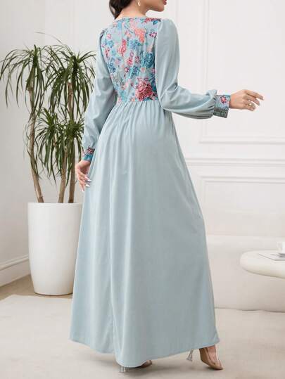 Mulvari العيد فستان أنيق طويل الأكمام بطبعات زهرية وياقة مربعة بأسلوب عربي للسيدات