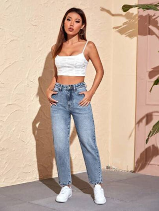 PETITE سراويل جينز نساء بجيوب وسيقان مستقيمة للاستخدام اليومي