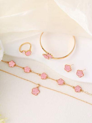 مجموعة مجوهرات وردية الأزهار المدمجة ذات الطابع الموضة الصيفي- قلادة، سوار، أسورة، خاتم، أقراط، أفضل هدية للأطفال