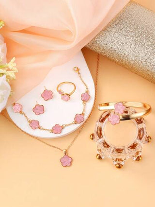 مجموعة مجوهرات وردية الأزهار المدمجة ذات الطابع الموضة الصيفي- قلادة، سوار، أسورة، خاتم، أقراط، أفضل هدية للأطفال