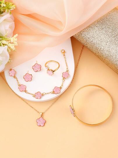 مجموعة مجوهرات وردية الأزهار المدمجة ذات الطابع الموضة الصيفي- قلادة، سوار، أسورة، خاتم، أقراط، أفضل هدية للأطفال