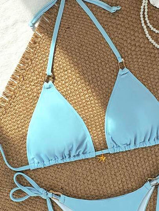Swim Mod مجموعة بكيني ثلاثية مثيرة للنساء بتزيينات نجمية متدلية للعطلات الشاطئية ، بارتباط عنق