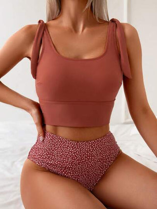 طقم تانكيني حريمي Swim مجموعة بيكيني من 2 قطعة: سترة عنابية مطبوعة وسراويل ذات خصر عالي نقشة بولكا دوت للنساء