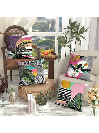 4 قطع غطاء وسادة قماشية مقاومة للماء للاستخدام الخارجي، ذات طباعة أوراق نباتية استوائية ملونة، أغطية وسادات زخرفية للاستخدام المنزلي والخارجي، مغلقة بسحاب لديكور الفناء والأريكة