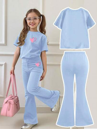 تيشيرتات بناتي مجموعة قميص أكمام قصيرة رقبة دائرية وبنطلون طويل كاجوال بسيطة لفتاة صغيرة، مناسبة للصيف بقطعتين