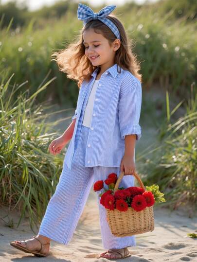 تيشيرتات بناتي طقم بنطال كاجوال منسوج واسع و قميص كاجوال مخطط منسوج 2 حبة للفتاة الشابة