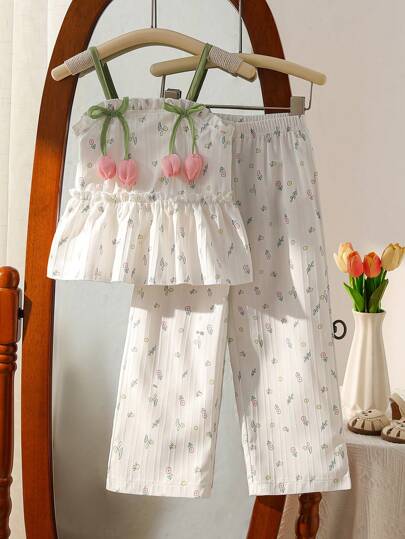 تيشيرتات بناتي Genkimix Kids فتاة شابة طقم من قطعتين: توب كامي مطبوع رقمي مزخرف بالزهور مع رفرفة والبنطلون بخصر مطاطي وساقين واسعتين، مناسب للاستخدام اليومي والشاطئ والحفلات