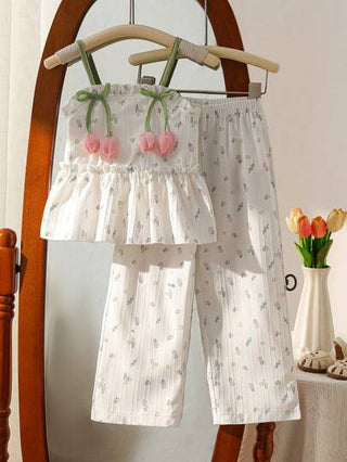 تيشيرتات بناتي Genkimix Kids فتاة شابة طقم من قطعتين: توب كامي مطبوع رقمي مزخرف بالزهور مع رفرفة والبنطلون بخصر مطاطي وساقين واسعتين، مناسب للاستخدام اليومي والشاطئ والحفلات