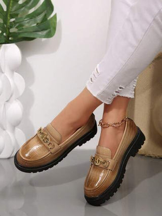 أحذية مانعة للانزلاق مزينة بسلسلة ذات طراز هندسي للسيدات، أحذية فستان رسمية مريحة بدون كعب، بطراز كلية عصري، متعددة الاستخدامات