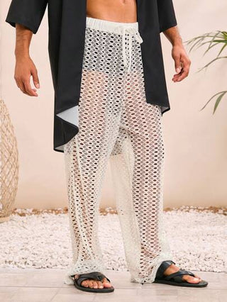 Manfinity VCAY بنطلون بخصر مرن بأربطة للرجال، ذو قدم واسعة مريحة، من نسيج مضفر، ملابس يومية