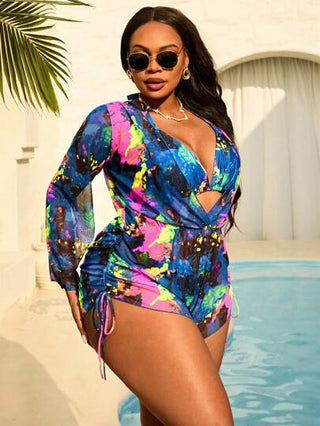 SHEIN Slayr CURVE ثلاث قطع ملابس سباحة للمرأة كبيرة الحجم، سبليت بيكيني مع طوق وبنطال طويل الأكمام ومغطي شبكي، ملابس سباحة عصرية للشاطئ والمنتجعات