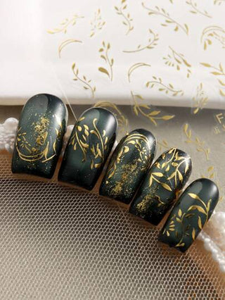 ملصقات فنون أظافر ذهبية مطلية منقوشة بورق الشجر ثلاثي الأبعاد، ملصقات أظافر ذاتية اللصق مزخرفة بالأوراق الذهبية والزهور، قطعتان'