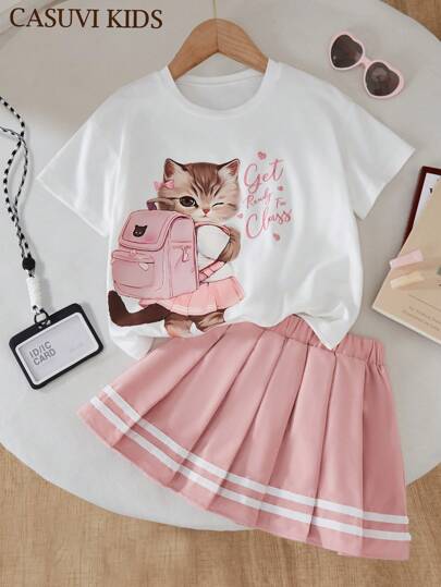 تيشيرتات بناتي مجموعة من 2 قطعة للبنات، ملابس علوية ذات أكمام قصيرة برقبة دائرية مزينة برسم قطة رسوم متحركة جذابة، وتنورة ذات طيات