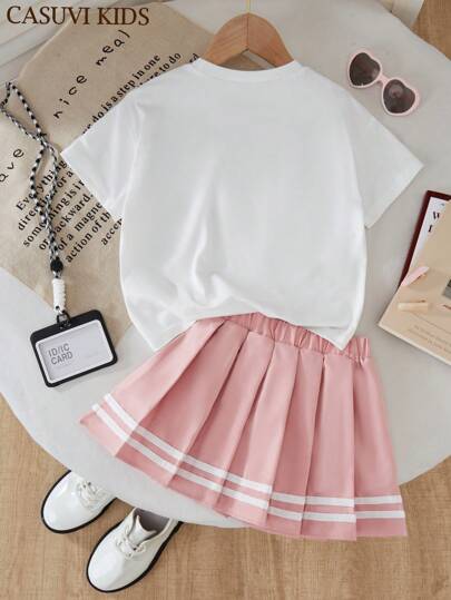 تيشيرتات بناتي مجموعة من 2 قطعة للبنات، ملابس علوية ذات أكمام قصيرة برقبة دائرية مزينة برسم قطة رسوم متحركة جذابة، وتنورة ذات طيات